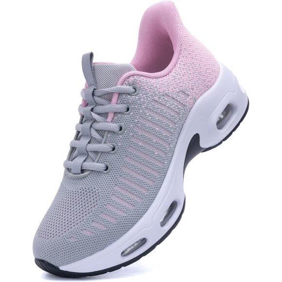 Women Grey Pink Running Shoes Tennis Sneakers with Arch Support for Workout - Picture 3 of 6